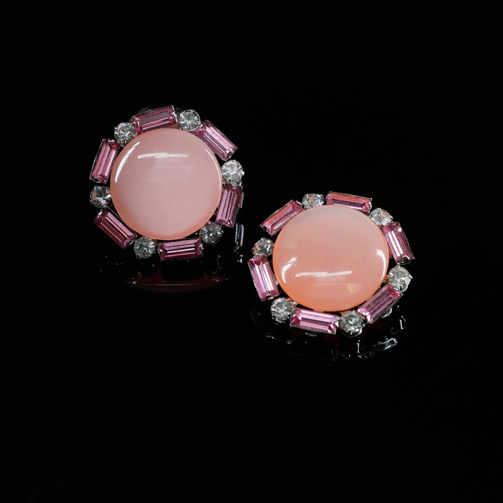 Coro Empress Vintage 1955 Thermoset Moonglow Pink Signed Clip-On Earrings